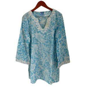 J. McLaughlin Tunic Silk Cotton Blue Paisley Lace Trim V-Neckline Size Large